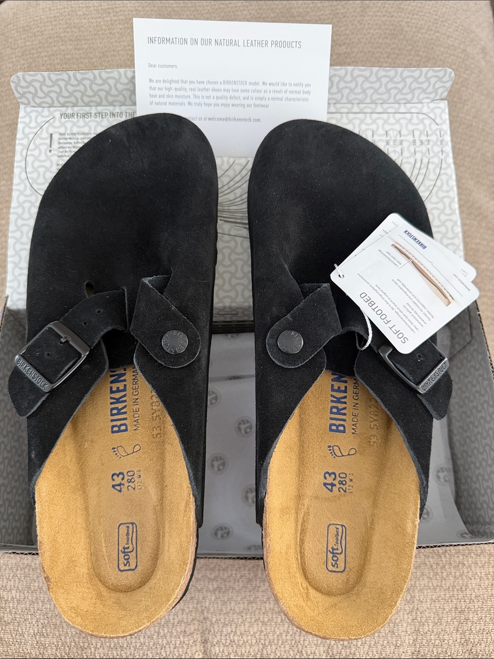 Birkenstock Boston Black Suede Soft Footbed Unisex Clogs EU 43